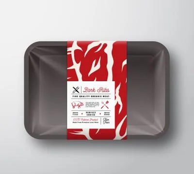 Premium Quality Pork Ribs Container Mock Up. Abstract Vector Meat Paper Label Stock Illustration