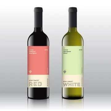 Premium Quality Red and White Wine Labels Set on the Realistic Vector Bottles Stock Illustration