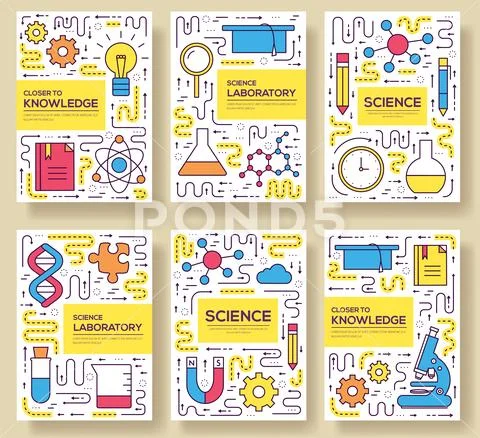 Premium quality scientific vector brochure cards thin line set. thinking th Stock Illustration