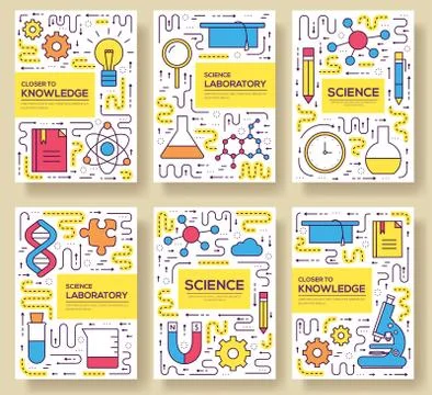 Premium quality scientific  vector brochure cards thin line set. thinking th Stock Illustration