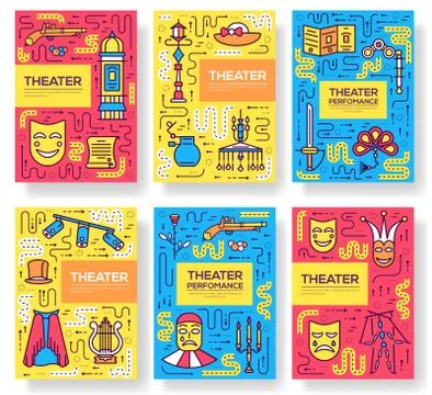 Premium quality theater vector brochure cards thin line set. Festival masquerade Stock Illustration