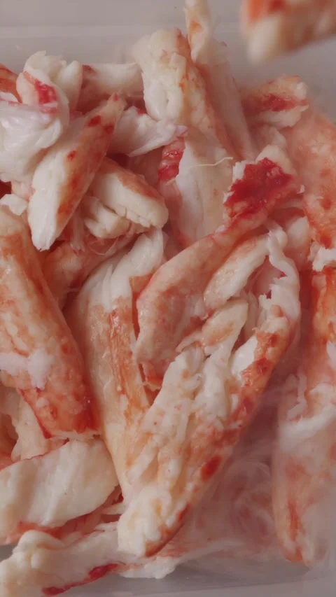 Premium raw crab meat chunks chilled with cold vapor smoke Stock Footage 337119190