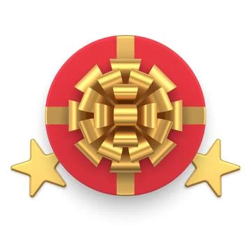 Premium red circle gift box with golden ribbon bow glossy stars top view re.. Stock Illustration