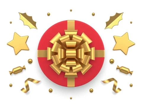 Premium red circle gift box with golden bow ribbon and decorative glossy conf Stock Illustration