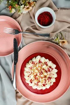 Premium Red Velvet cake include cream, sugar served on board isolated on na.. Stock Photos