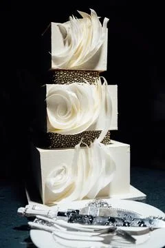 Premium square form wedding cake three floors at the evening ceremony Stock Photos