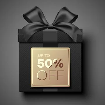Premium style black realistic vector gift box with golden tag and Up To 50 Stockillustratie