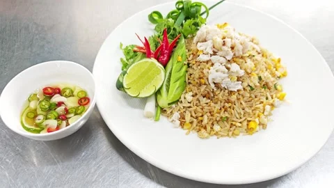 Premium Thai crab fried rice served with chili fish sauce. Stock Footage 342393781