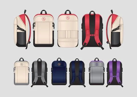 Premium Urban Backpack Collection Front and Back Views Vector Template Kits Stock Illustration