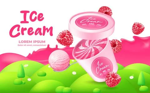 Premium vector ice cream package label template with realistic 3D illustrat.. Stock Illustration