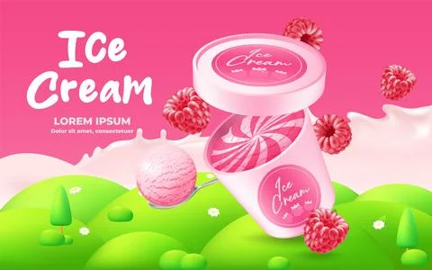 Premium vector ice cream package label template with realistic 3D illustrat.. Stock Illustration
