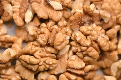 Premium Walnut Kernels Background Natural Raw Walnuts Macro Close Up Stockfoto's