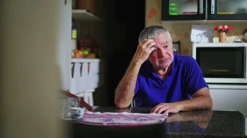 Preoccupied senior man at kitchen table ruminating problems, candid domesti.. Stock Photos