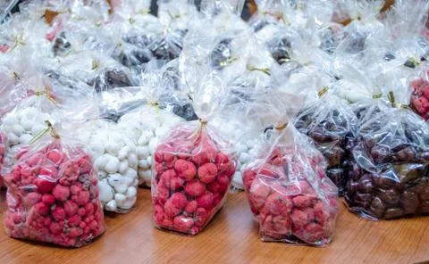 Prepackaged bags of sweets Stock Photos