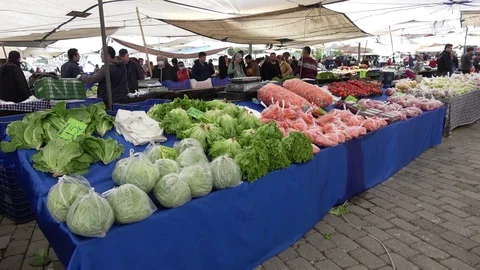 Prepacked and open food on counters at the food market during Coronaviris qu Stock Footage 127039685