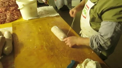 Preparation and binding of salami in a traditional way Video stock 101324770