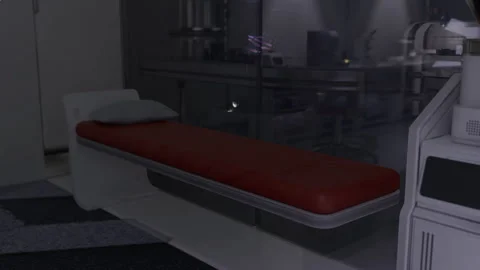 Preparation area with empty bed and organized surgical instruments Stock Footage 342423406