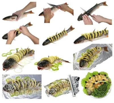 Preparation of baked fish Stock Photos