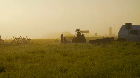 Preparation of the balloon basket for flight, early morning in the field. the Stock Footage 112248367