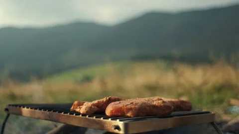 Preparation of bbq beef meat in grill grid outdoors above flame at summer Stock Footage 284751839