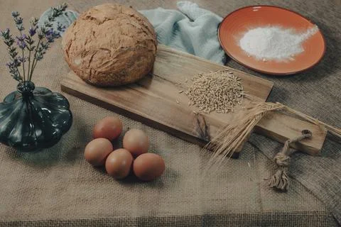 Preparation of bread with its ingredients, rustic artisan recipe. Stock Photos