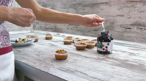 Preparation of cake. Adding jam. Stock Footage 57813903