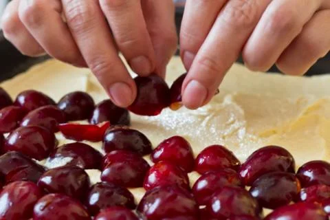 Preparation of cherry cake Stock Photos