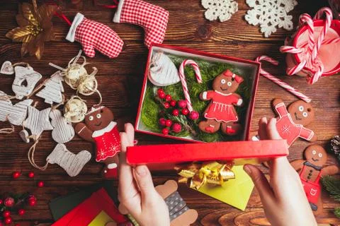 Preparation a Christmas gift box Stock Photos