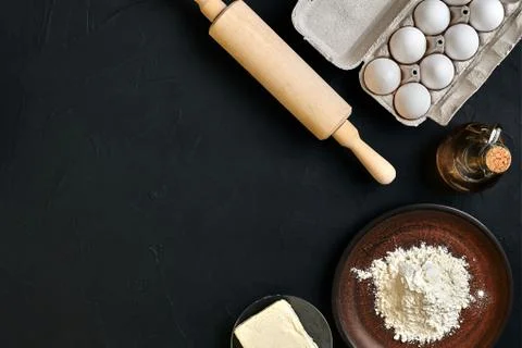 Preparation cooking baking kitchen table brown dishes ware fresh grocery Stock Photos