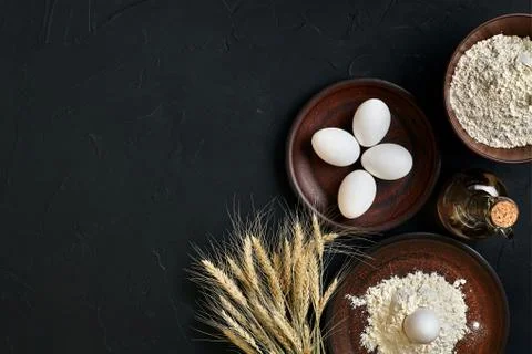 Preparation cooking baking kitchen table brown dishes ware fresh grocery Stock Photos