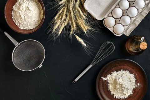 Preparation cooking baking kitchen table brown dishes ware fresh grocery Stock Photos