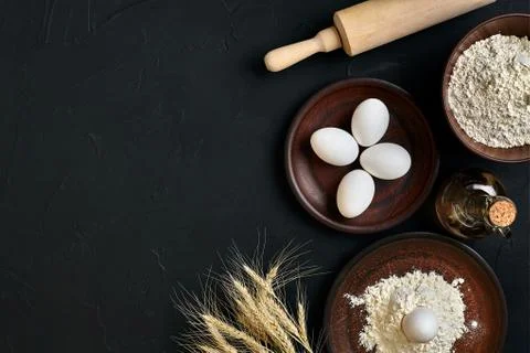 Preparation cooking baking kitchen table brown dishes ware fresh grocery Stock Photos