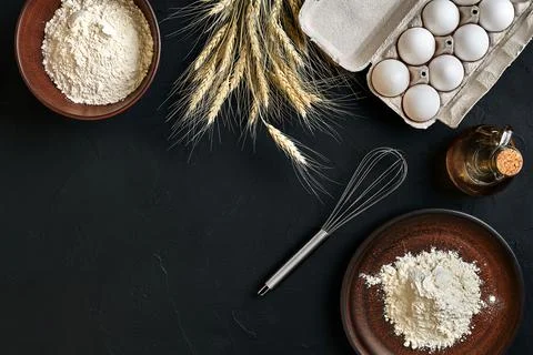Preparation cooking baking kitchen table brown dishes ware fresh grocery Stock Photos