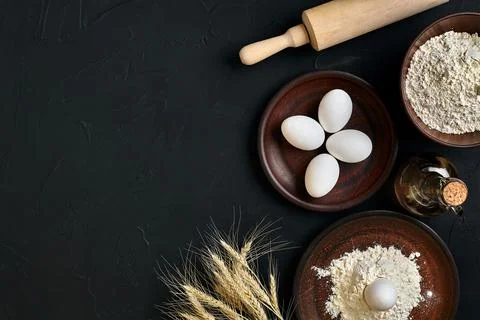 Preparation cooking baking kitchen table brown dishes ware fresh grocery Stock Photos