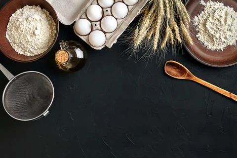 Preparation cooking baking kitchen table brown dishes ware fresh grocery Stock Photos