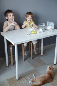 Preparation of delicious dessert. Two young children are having fun preparing Stock Photos