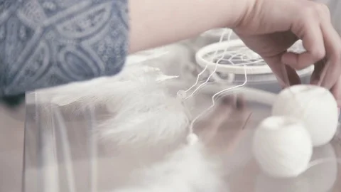 Preparation for Dreamcatcher. Cobweb from threads Stock Footage 72974272