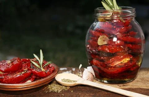 Preparation dried tomatoes Stock Photos
