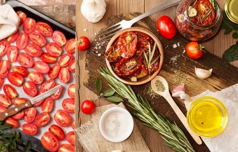 Preparation dried tomatoes. Stock Photos