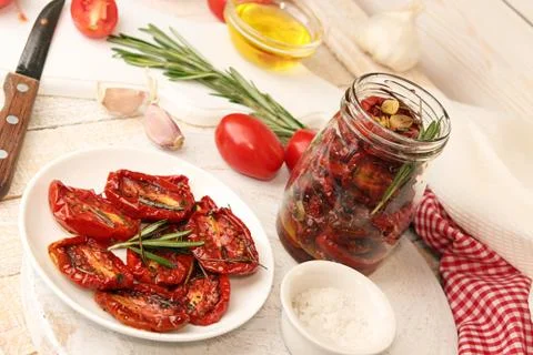 Preparation dried tomatoes Stock Photos