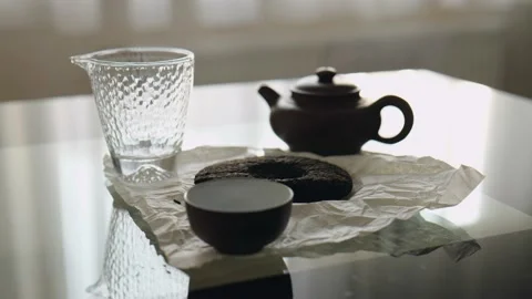 Preparation for drinking Chinese pu-erh tea. Chinese tea ceremony. 4k. Stock Footage 218447391