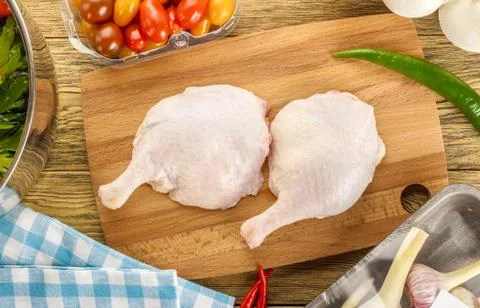 Preparation of duck legs. Formulation, components. Composition, cutting Board Stock Photos