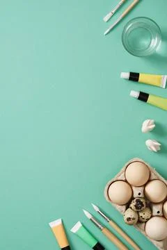 Preparation for Easter celebration. Painting Easter eggs with acrylic pigme.. Stock Photos