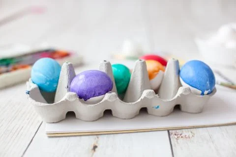Preparation for easter. Colored eggs. Stock Photos