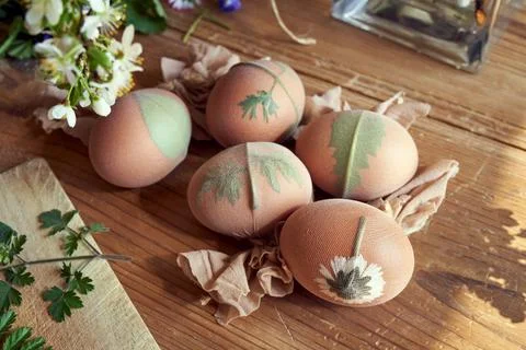 Preparation of Easter eggs for dyeing with onion peels Stock Photos