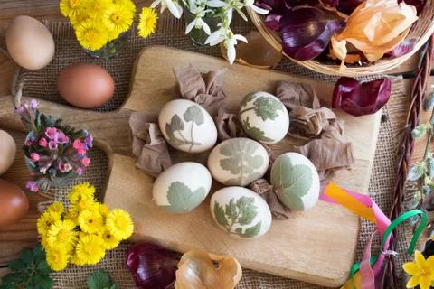 Preparation of Easter eggs for dying with onion peels Stock Photos