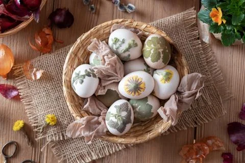 Preparation of Easter eggs for dying with onion peels Stock Photos