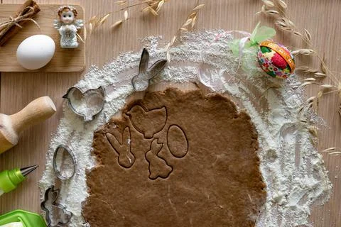 Preparation of Easter gingerbread, dough with forms in the form of a rabbit,  Stock Photos