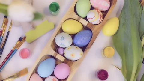 Preparation for Easter. Painting and coloring Easter eggs, Easter traditions. Stock Footage 236341712