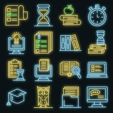 Preparation for exams icons set vector neon 스톡 일러스트